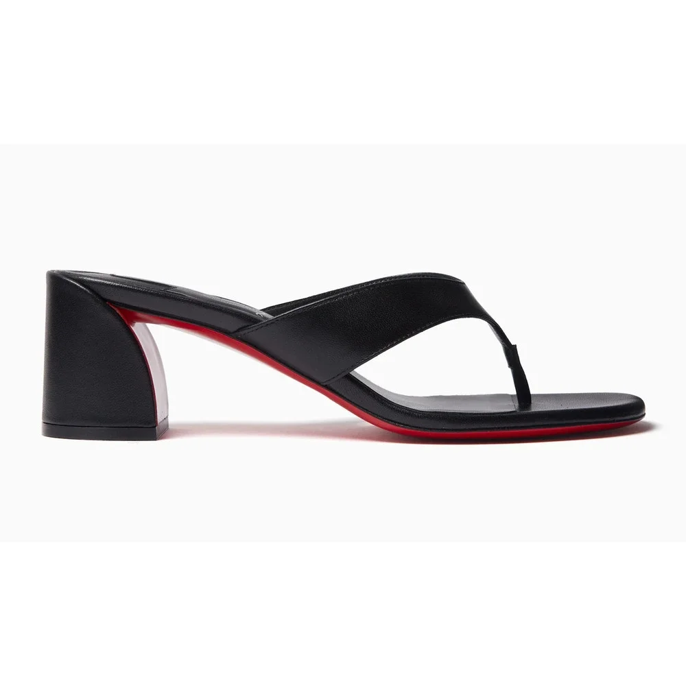 Christian Louboutin Janetonga 55 Black Leather Mule Thong Block Heel Sandal 37